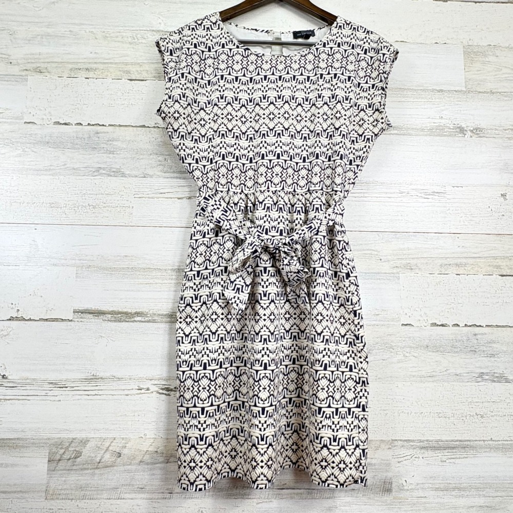 The Limited XS Sleeveless Beige Navy Blue Geometric Print Belted Casual Dress